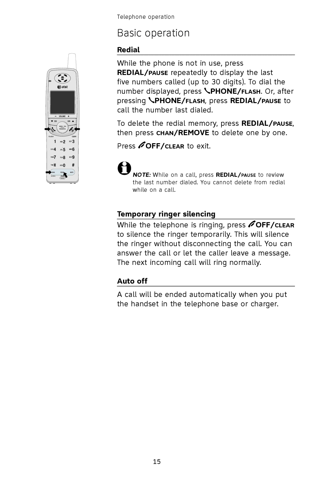 AT&T EL42308, EL42208, EL42258 user manual Redial, Temporary ringer silencing, Auto off 