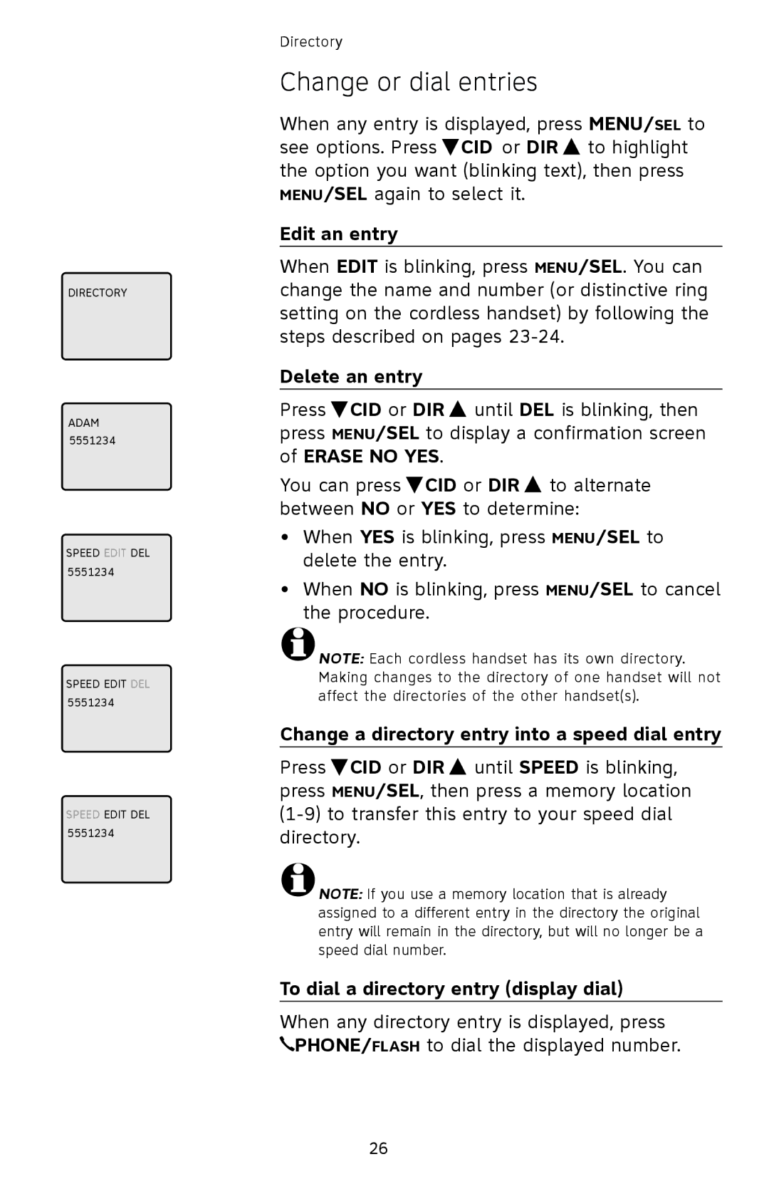 AT&T EL42208 Change or dial entries, Edit an entry, Delete an entry, Change a directory entry into a speed dial entry 