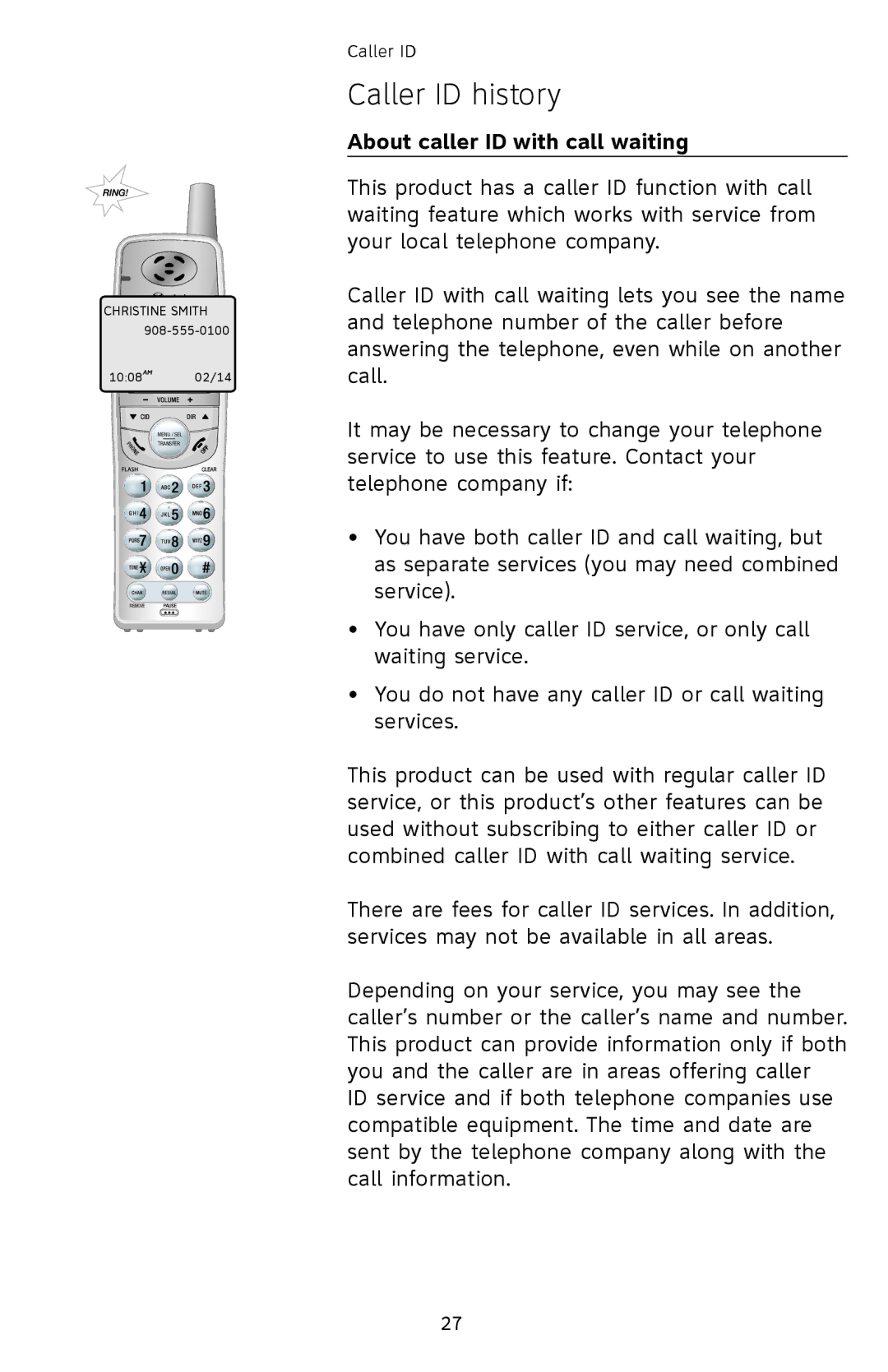 AT&T EL42308, EL42208, EL42258 user manual Caller ID history, About caller ID with call waiting 