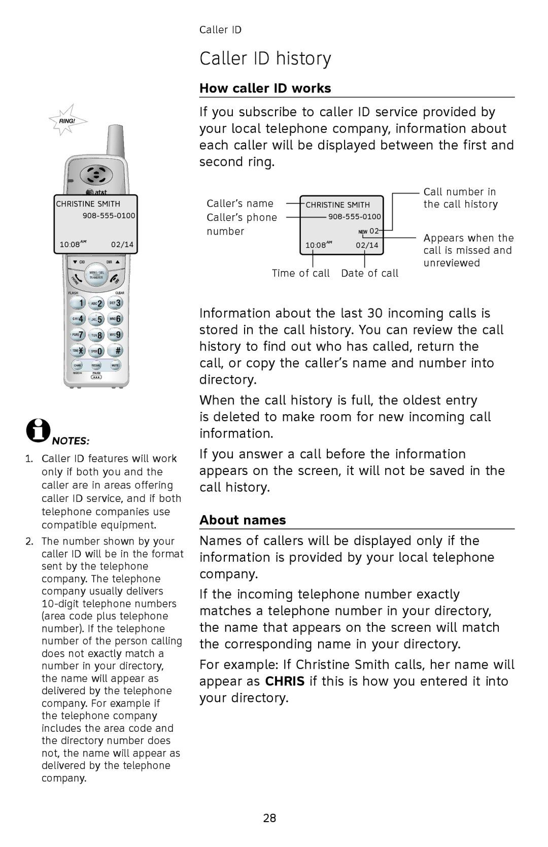 AT&T EL42258, EL42208, EL42308 user manual How caller ID works, About names 