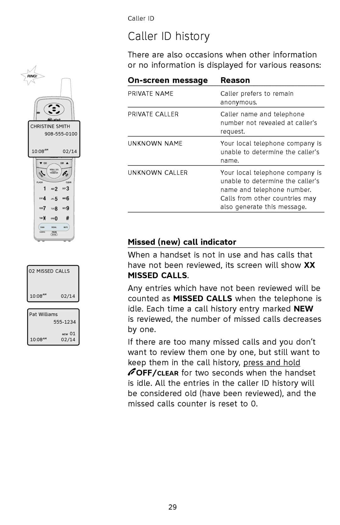 AT&T EL42208, EL42308, EL42258 user manual On-screen message Reason, Missed new call indicator 