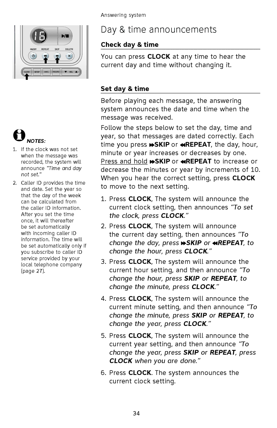 AT&T EL42258, EL42208, EL42308 user manual Day & time announcements, Check day & time, Set day & time 