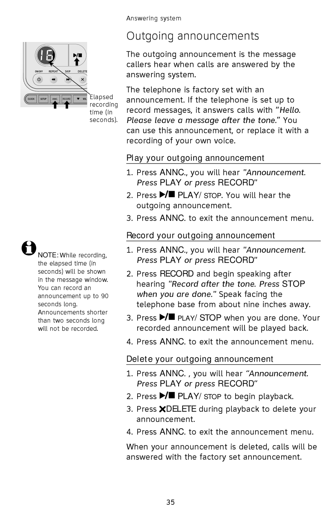 AT&T EL42208, EL42308, EL42258 Outgoing announcements, Play your outgoing announcement, Record your outgoing announcement 