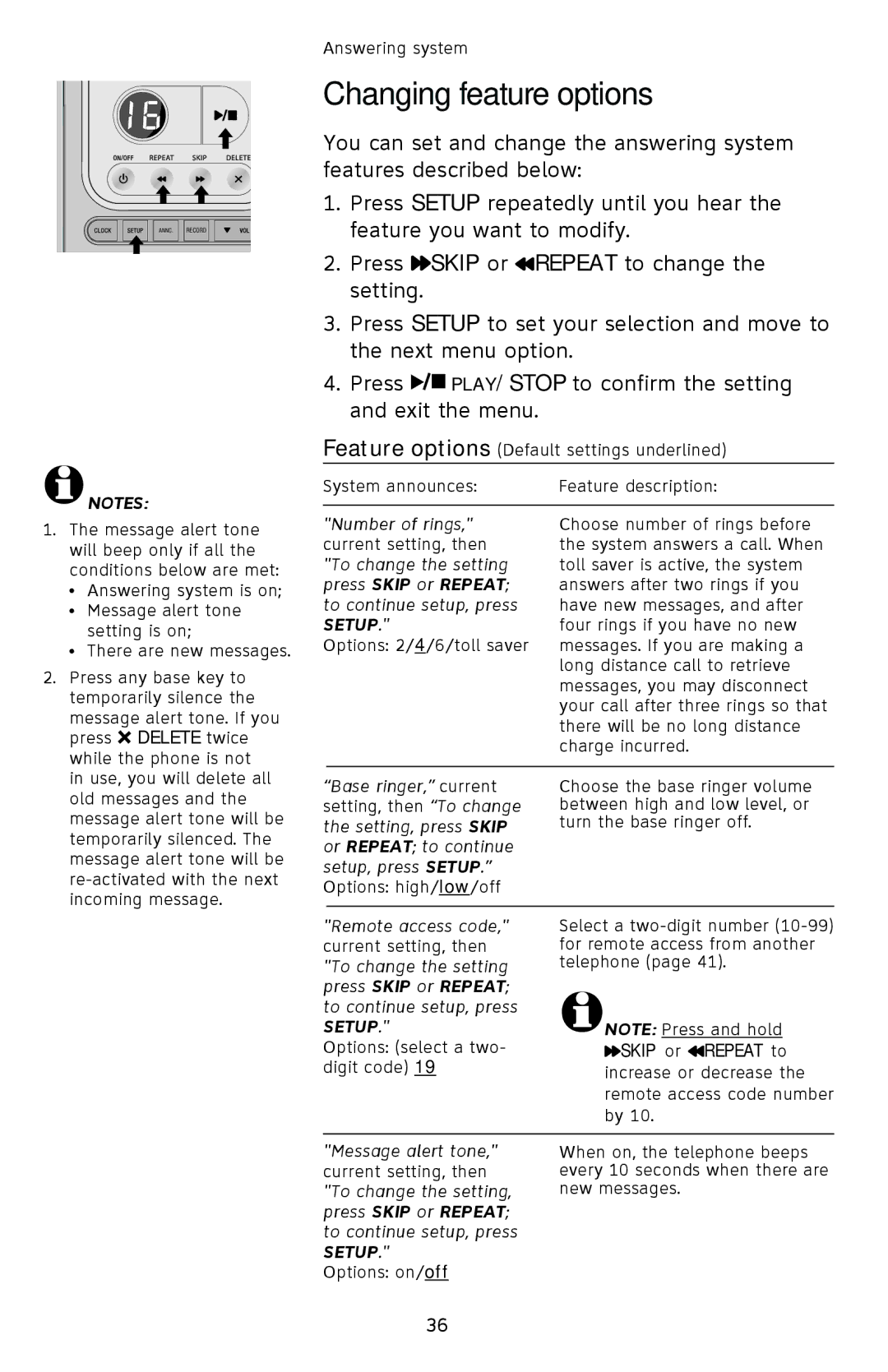 AT&T EL42308, EL42208, EL42258 user manual Changing feature options, Setup 