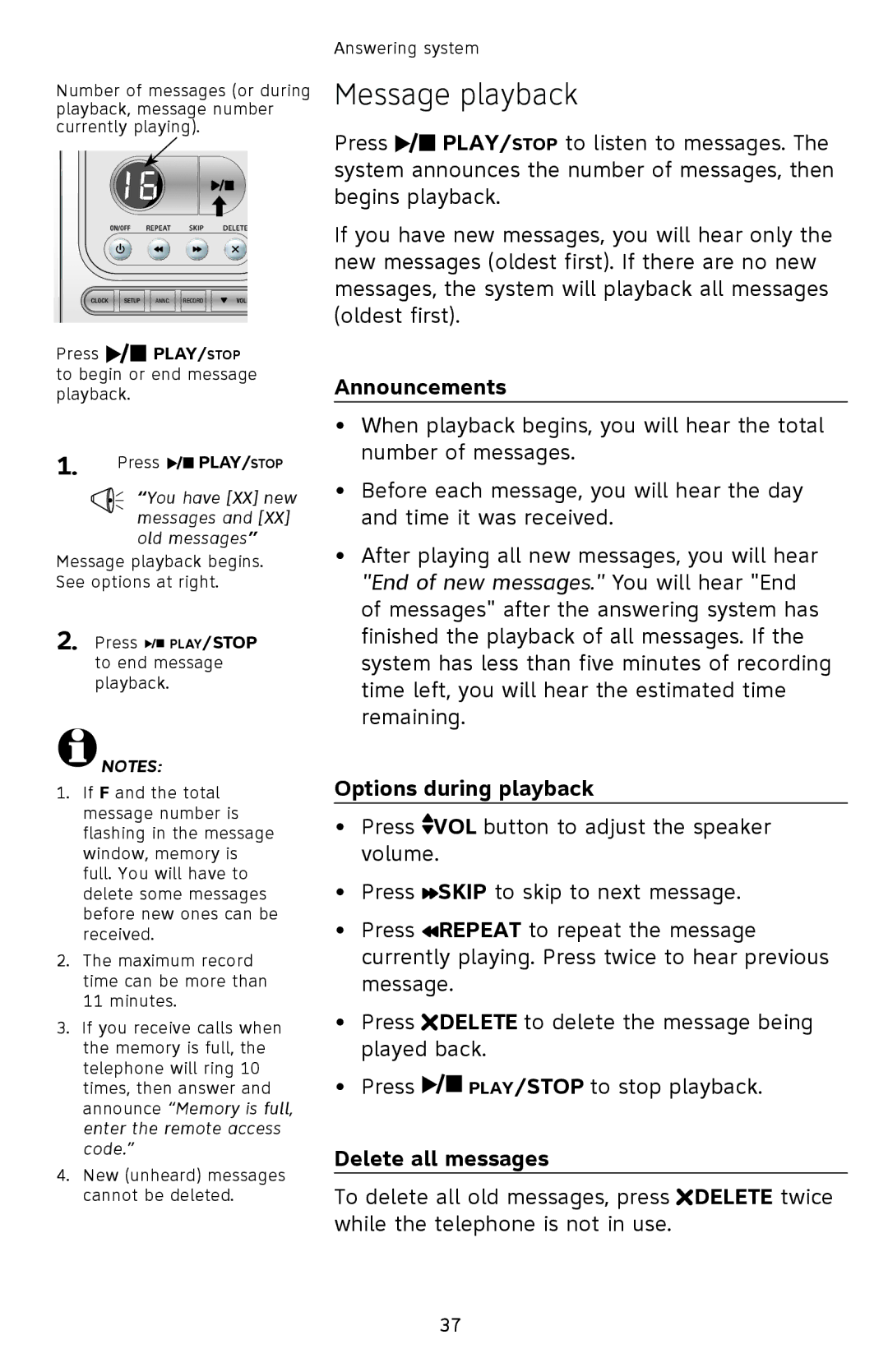 AT&T EL42258, EL42208, EL42308 user manual Message playback, Announcements, Options during playback, Delete all messages 