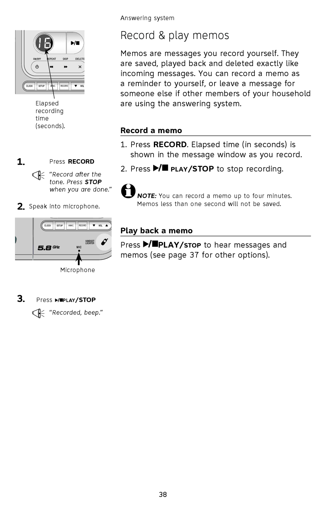 AT&T EL42208, EL42308, EL42258 user manual Record & play memos, Record a memo, Play back a memo 