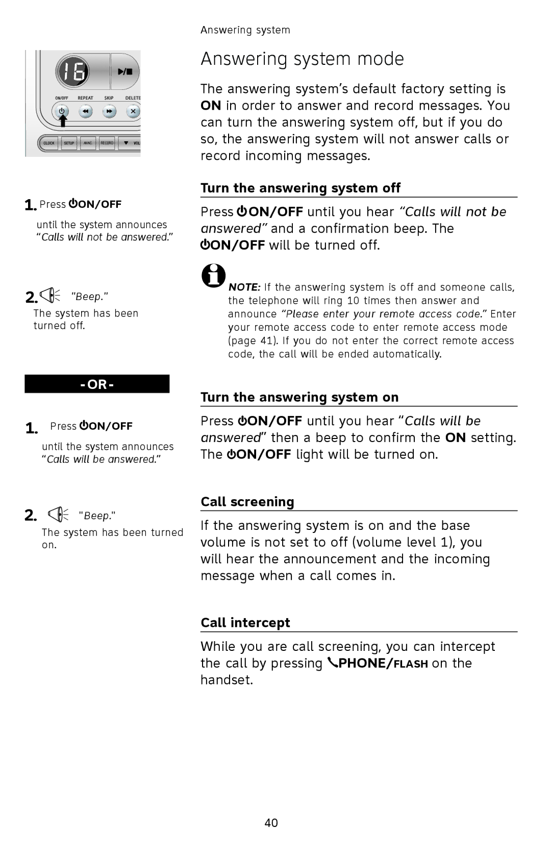 AT&T EL42258, EL42208 Answering system mode, Turn the answering system off, Turn the answering system on, Call screening 