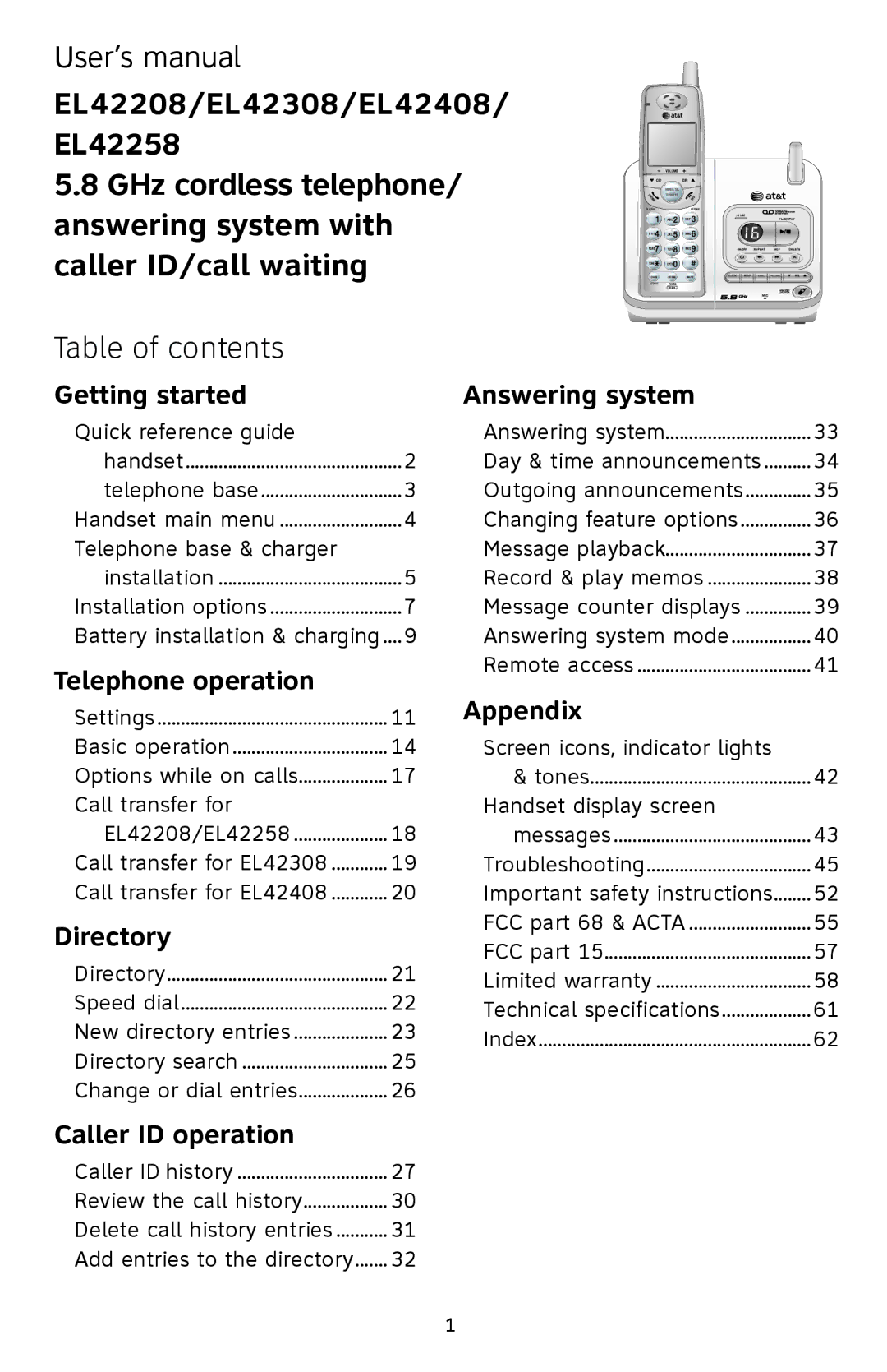 AT&T user manual EL42208/EL42308/EL42408 EL42258, Table of contents 