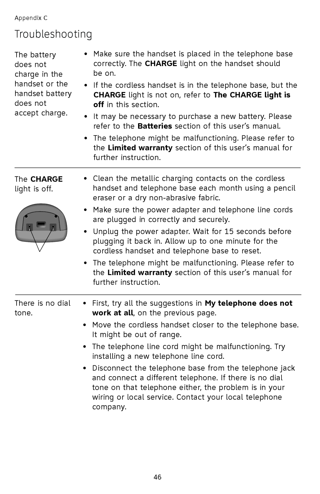 AT&T EL42258, EL42208, EL42308 user manual Charge light is off 