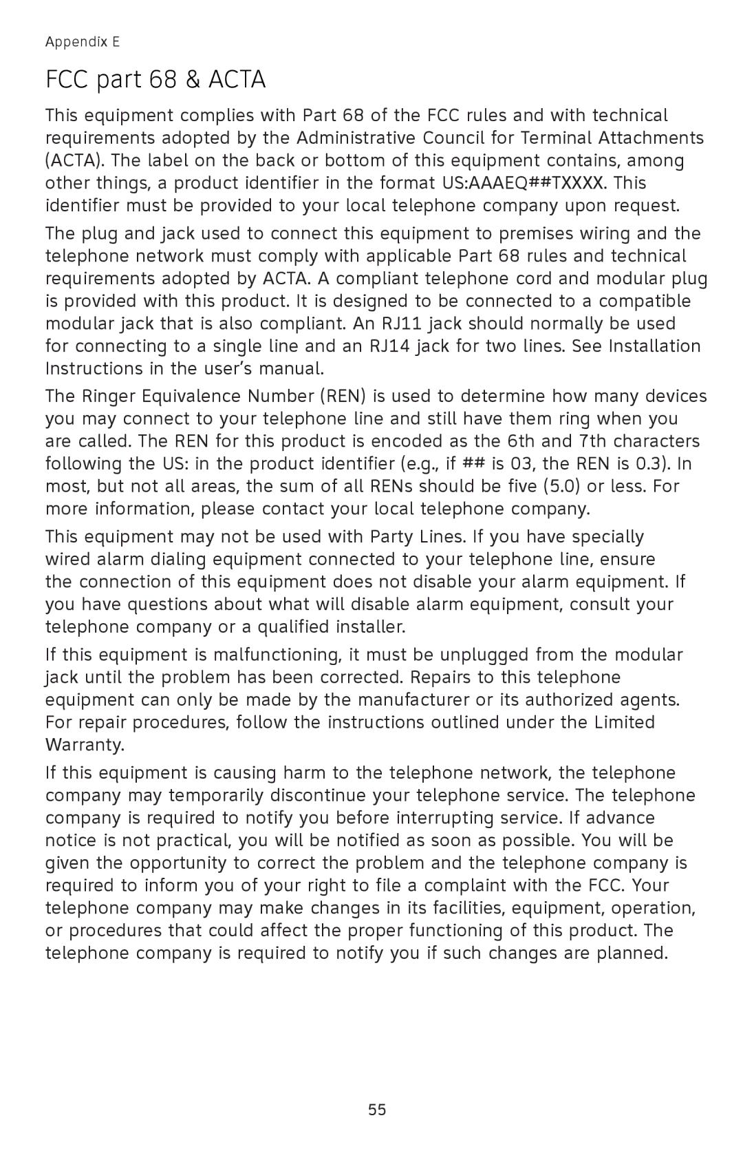 AT&T EL42258, EL42208, EL42308 user manual FCC part 68 & Acta 