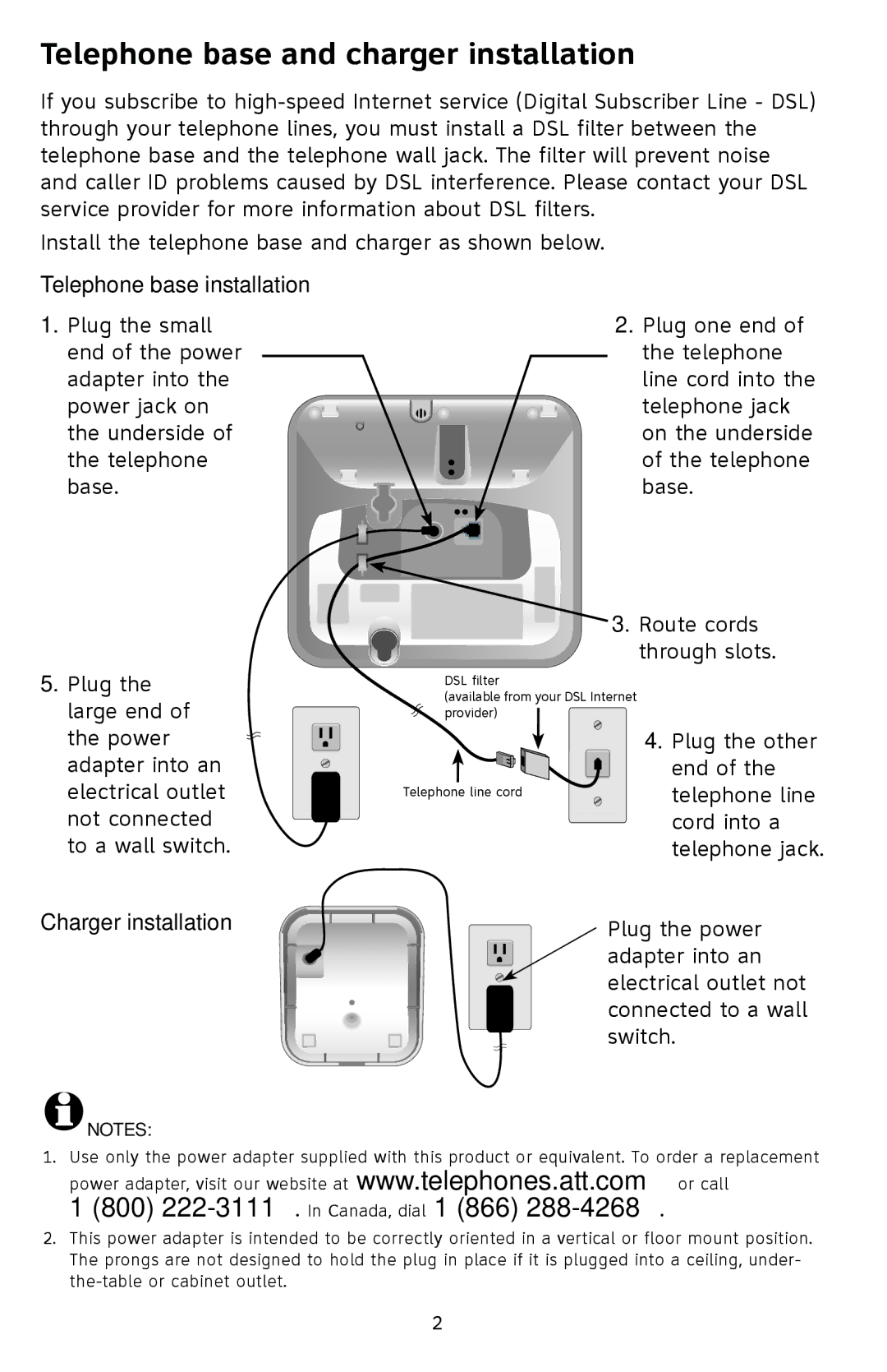 AT&T EL42408 quick start Telephone base and charger installation, Telephone base installation, Charger installation 