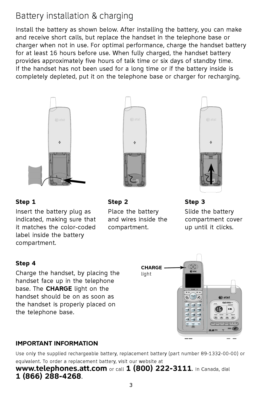 AT&T EL42408 quick start Battery installation & charging, Step, Important Information 