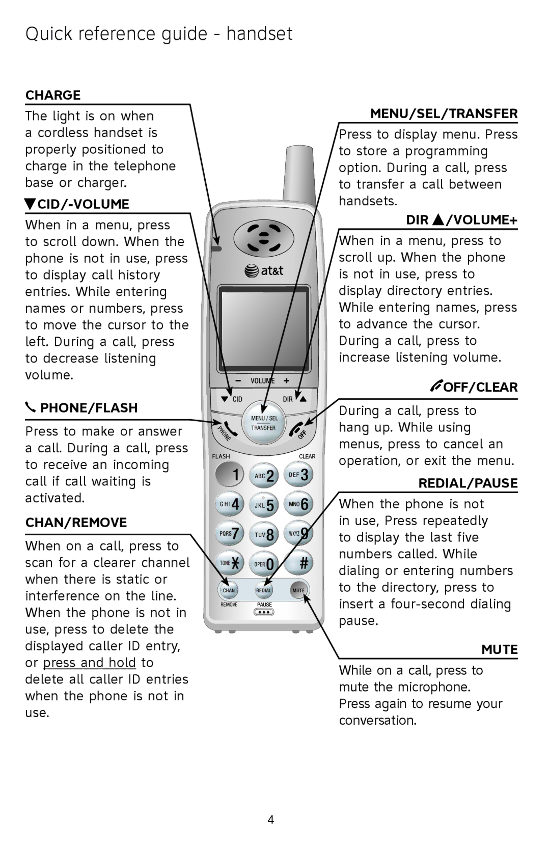 AT&T EL42408 quick start Quick reference guide handset 