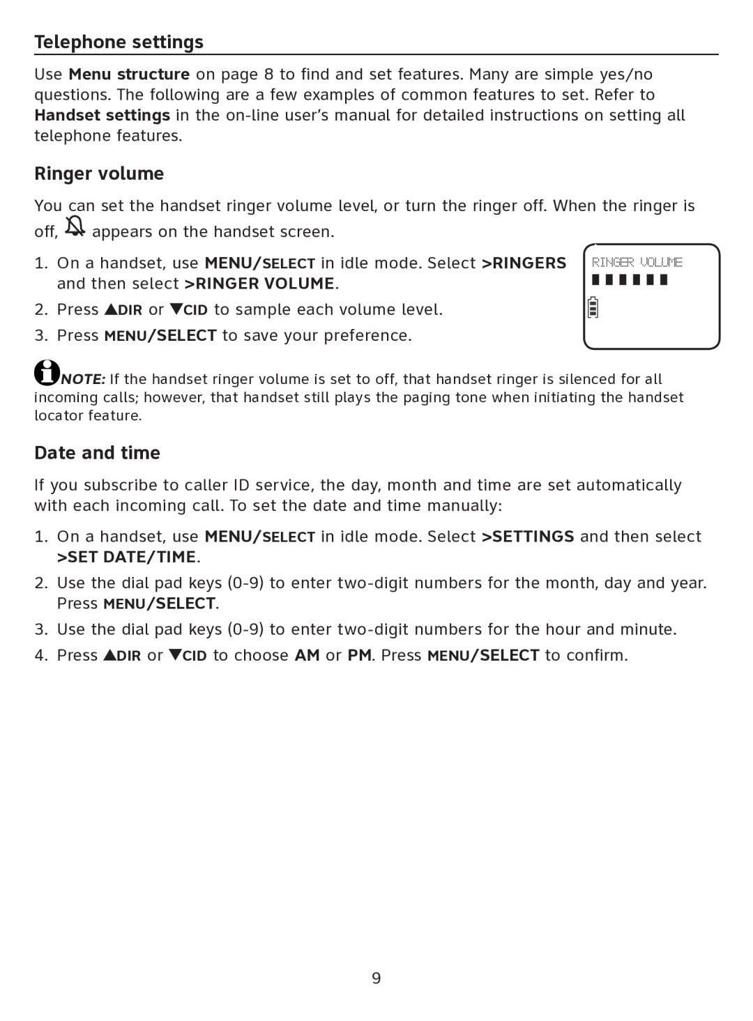 AT&T EL51100 quick start Telephone settings, Ringer volume, Date and time 