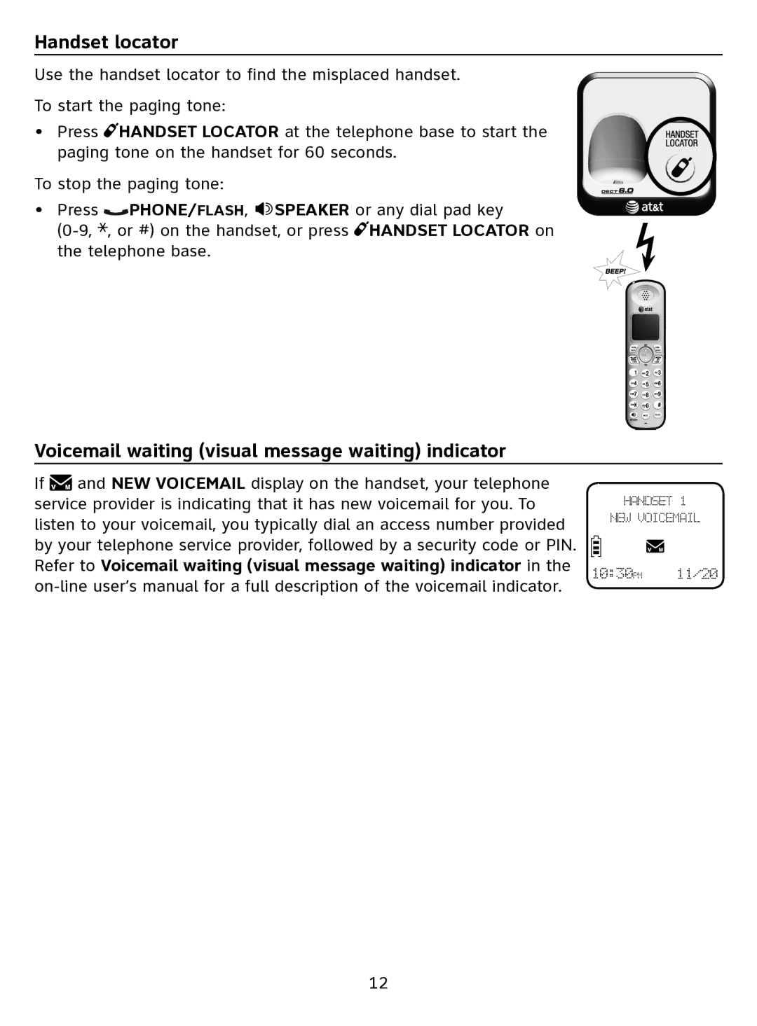 AT&T EL51100 quick start Handset locator, Voicemail waiting visual message waiting indicator 