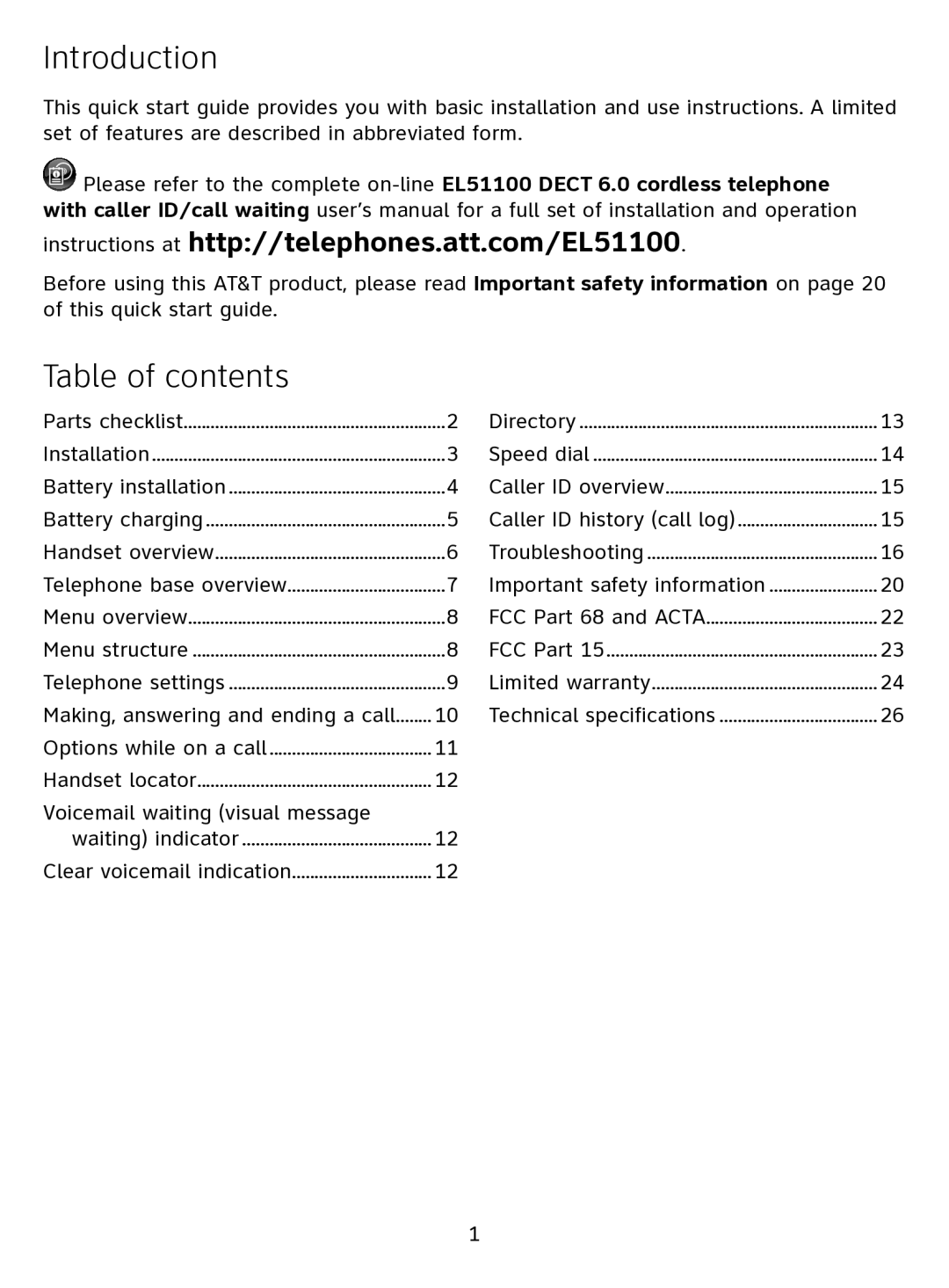 AT&T EL51100 quick start Introduction 