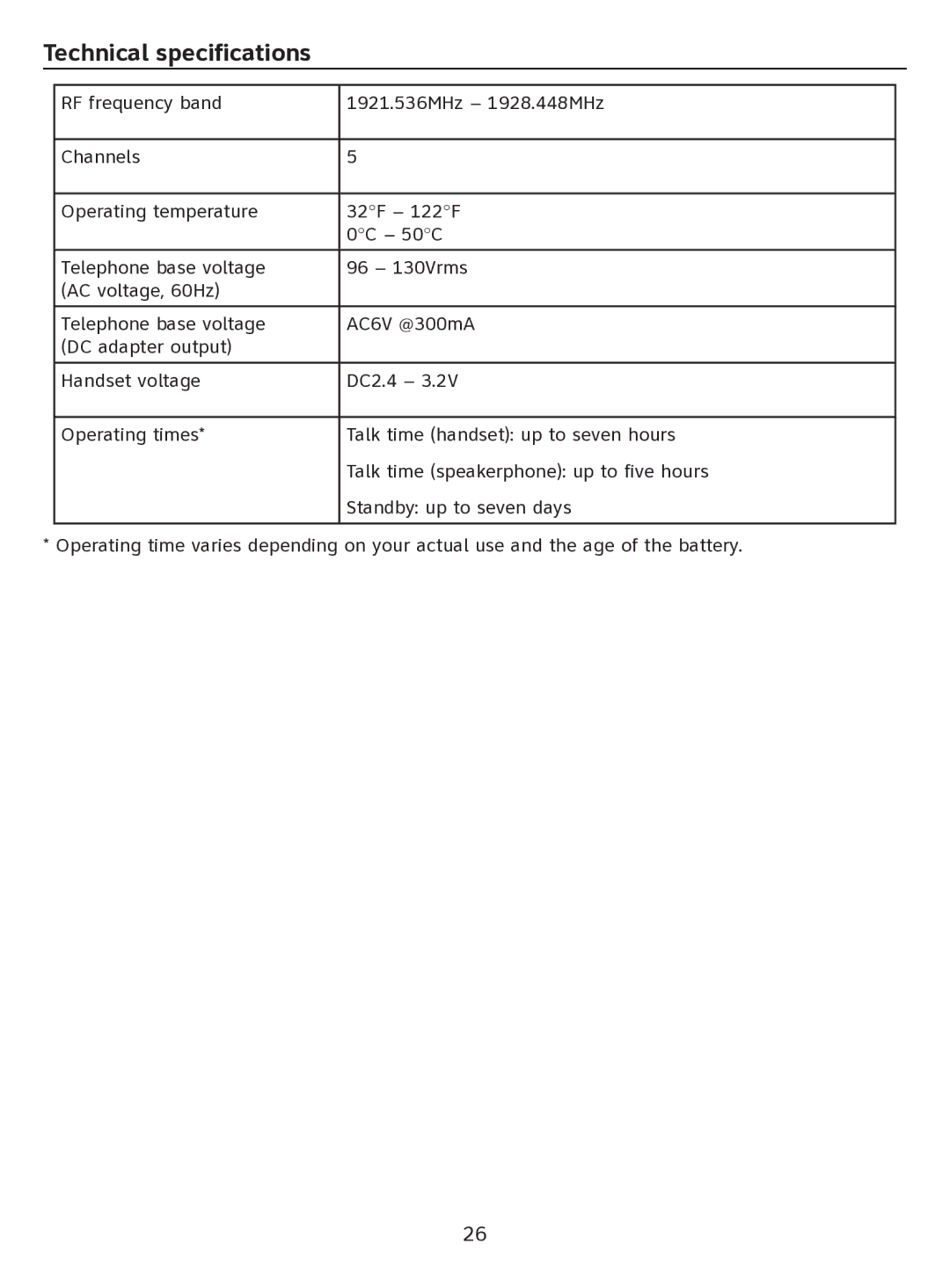 AT&T EL51100 quick start Technical specifications 