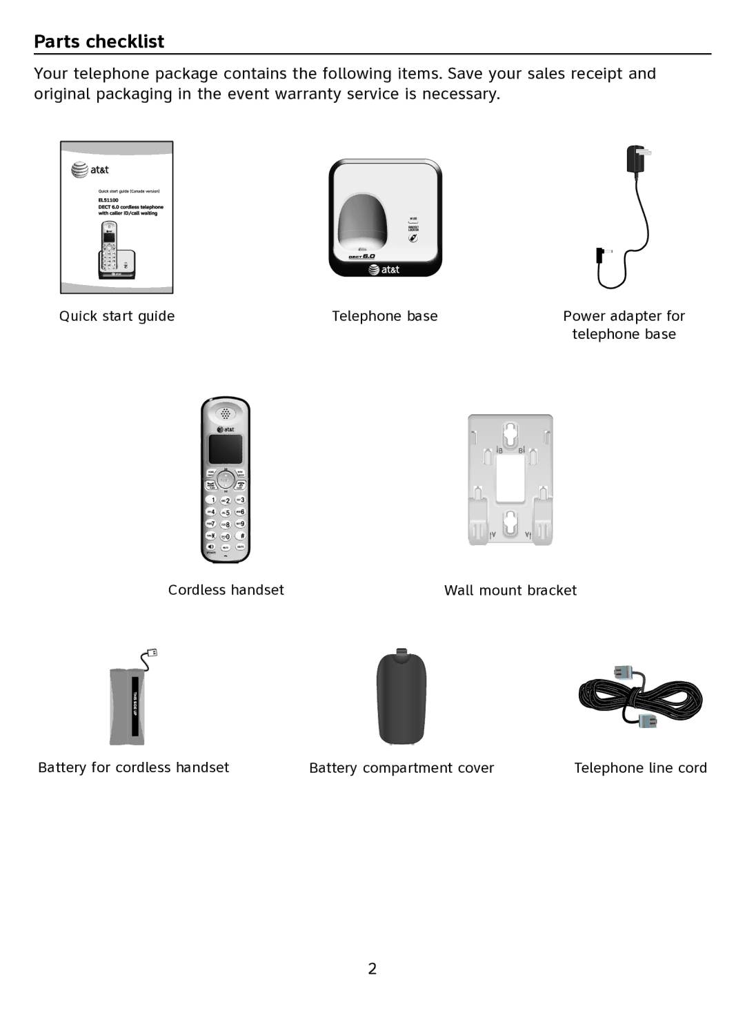 AT&T EL51100 quick start Parts checklist 