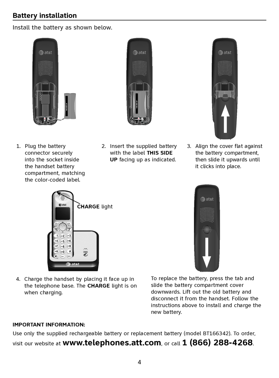 AT&T EL51100 quick start Battery installation, Charge light 