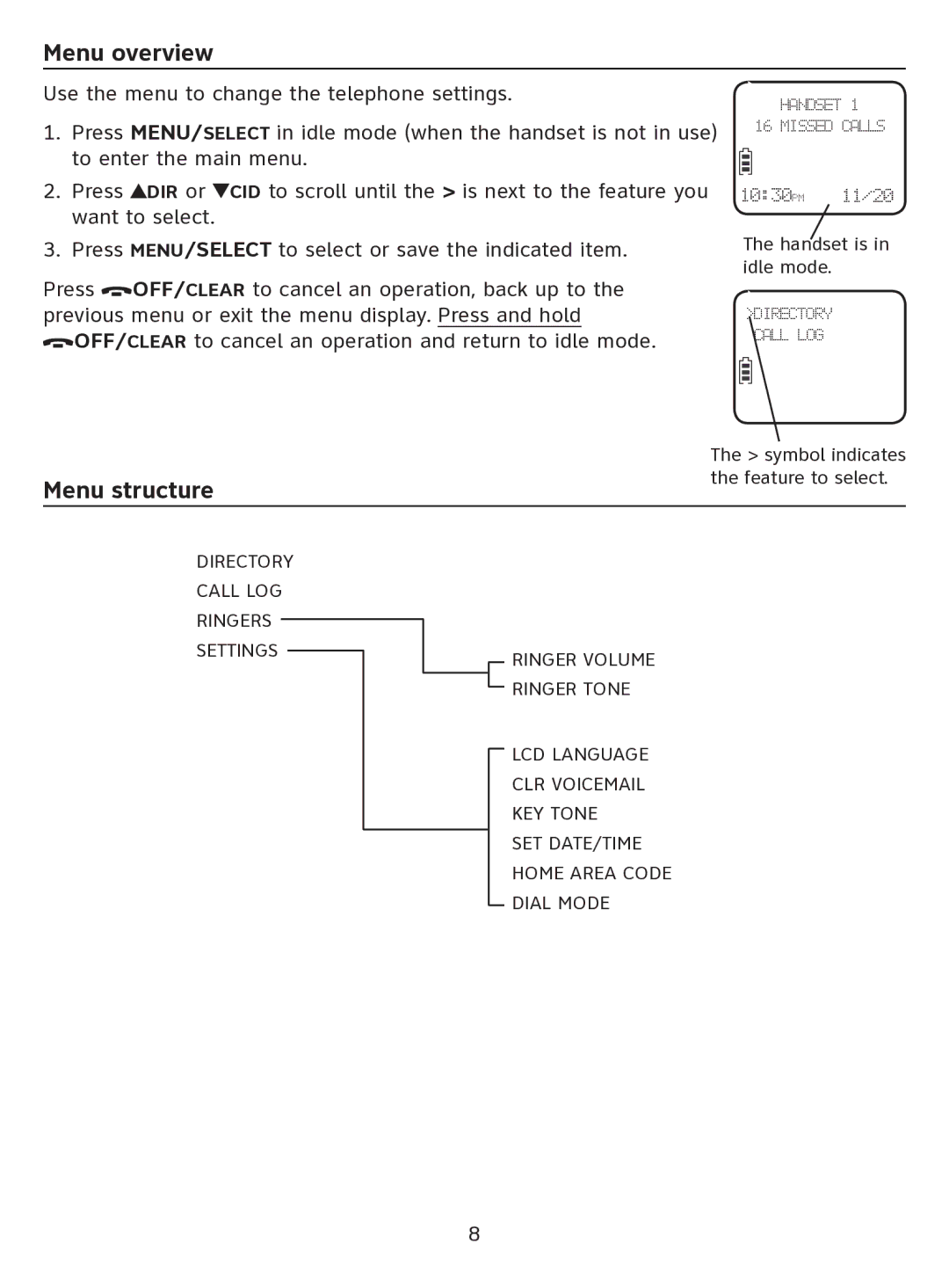 AT&T EL51100 quick start Menu overview, Menu structure 