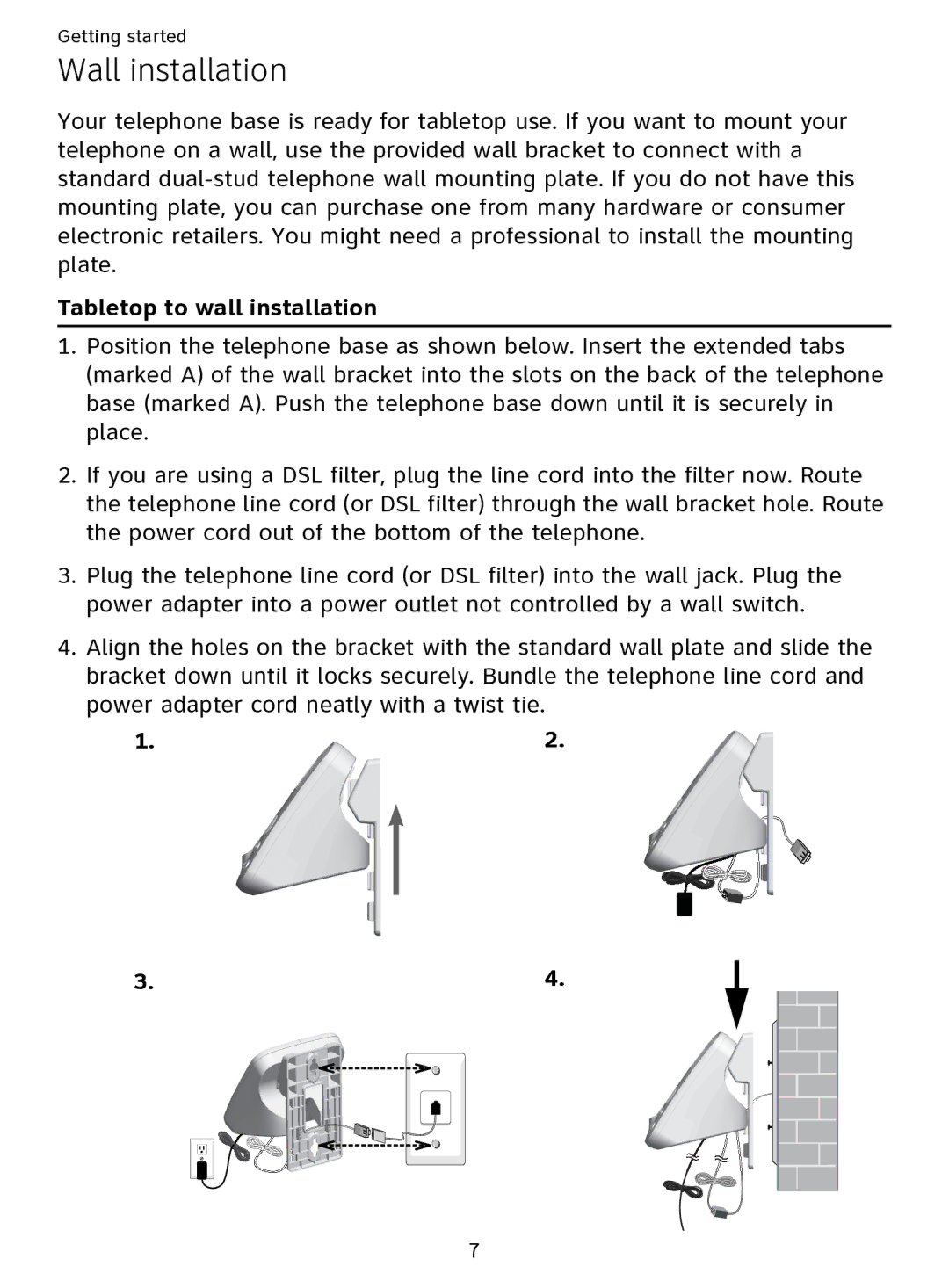 AT&T EL51109 user manual Wall installation, Tabletop to wall installation 