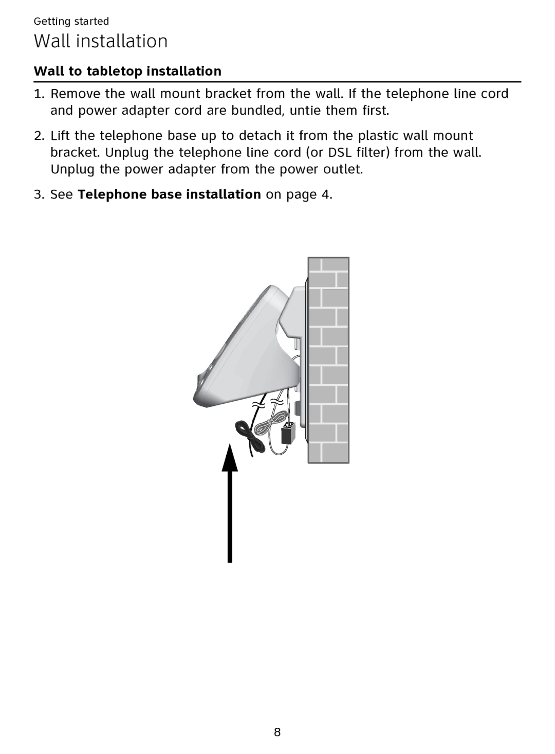 AT&T EL51109 user manual Wall to tabletop installation, See Telephone base installation on 