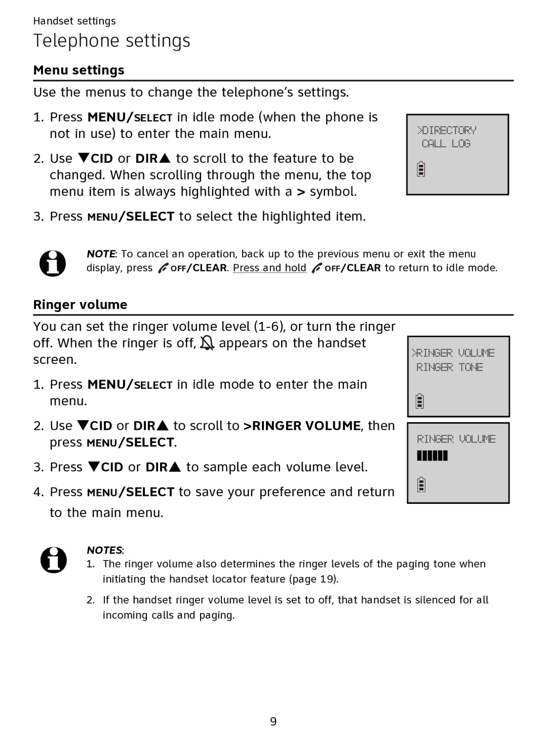 AT&T EL51109 user manual Telephone settings, Menu settings, Ringer volume 