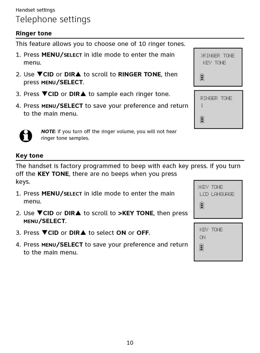 AT&T EL51109 user manual Ringer tone, Key tone, Menu/Select 