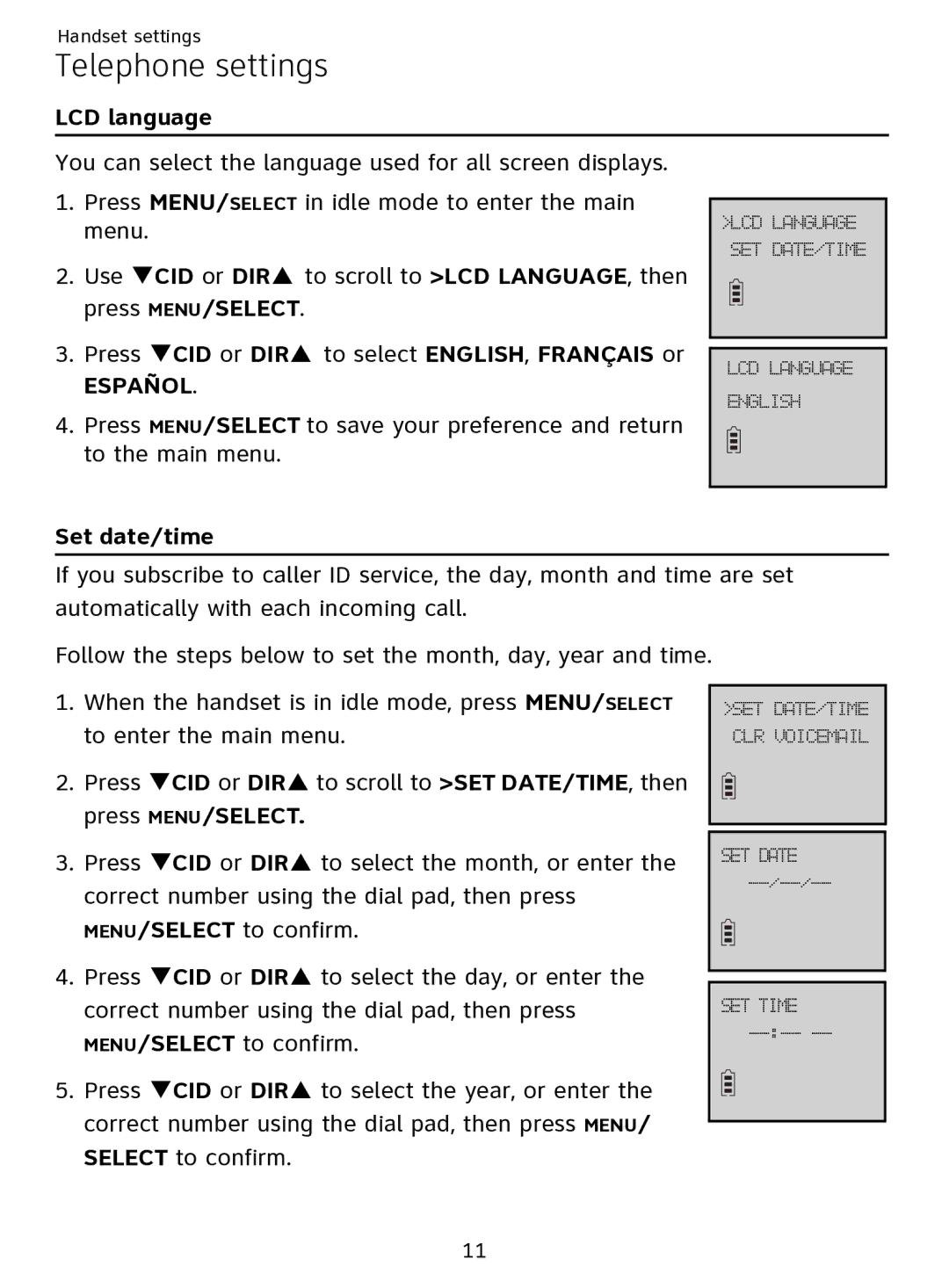 AT&T EL51109 user manual LCD language, Español, Set date/time 