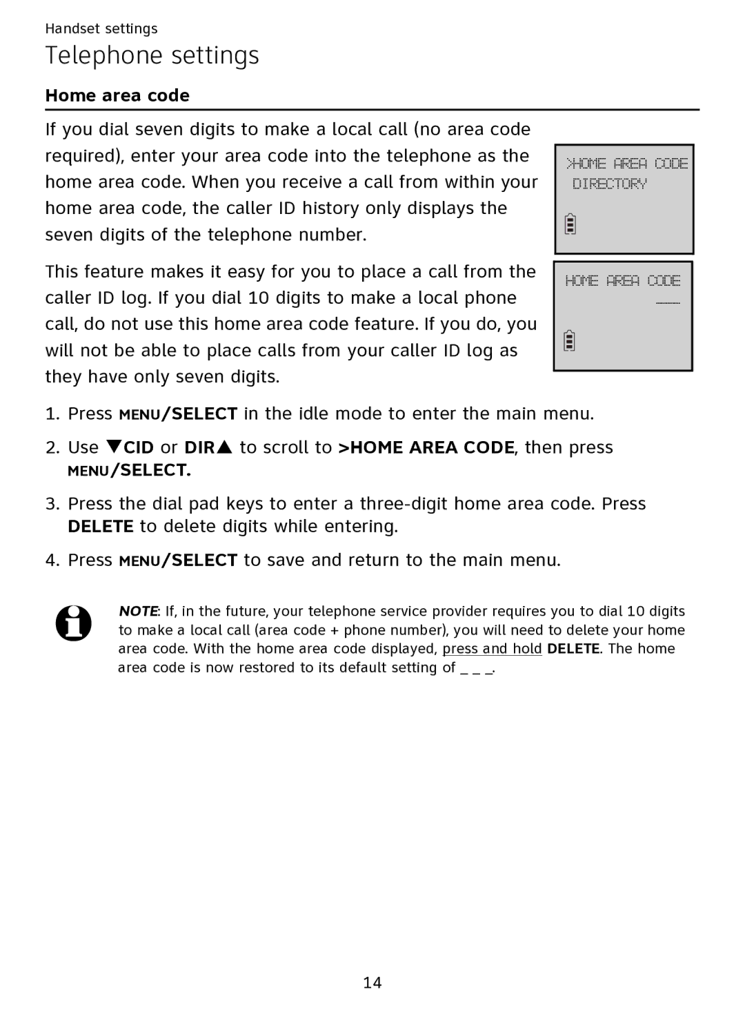 AT&T EL51109 user manual Home area code, Menu/Select 