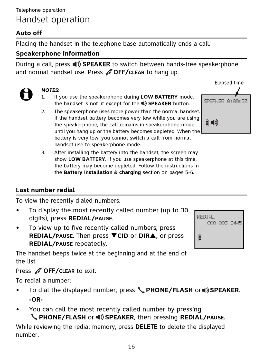 AT&T EL51109 user manual Handset operation, Auto off, Speakerphone information, Last number redial 