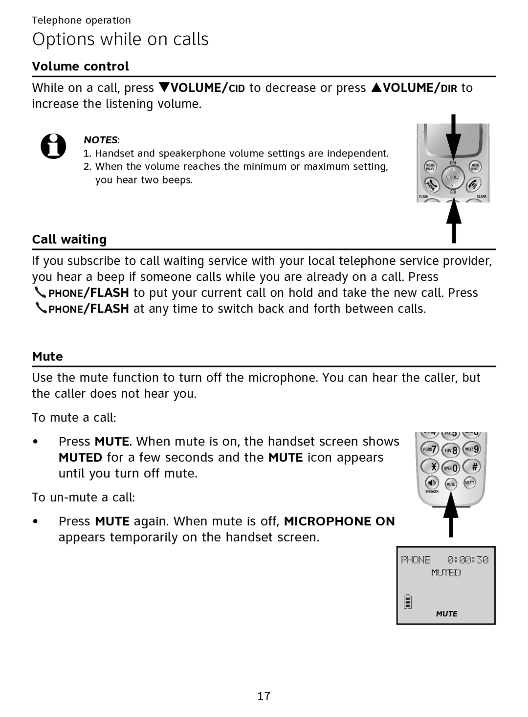 AT&T EL51109 user manual Options while on calls, Volume control, Call waiting, Mute 