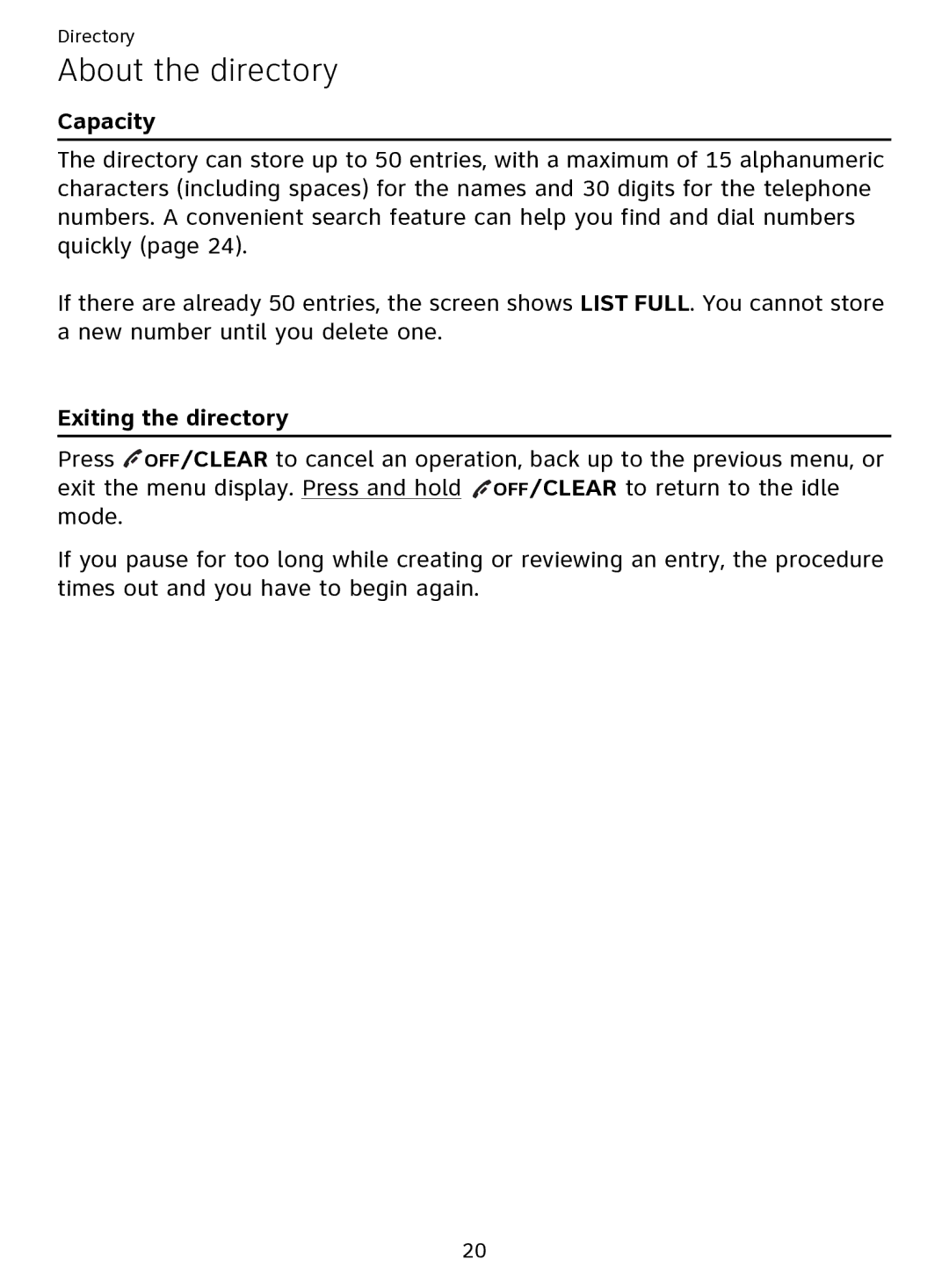 AT&T EL51109 user manual About the directory, Capacity, Exiting the directory 