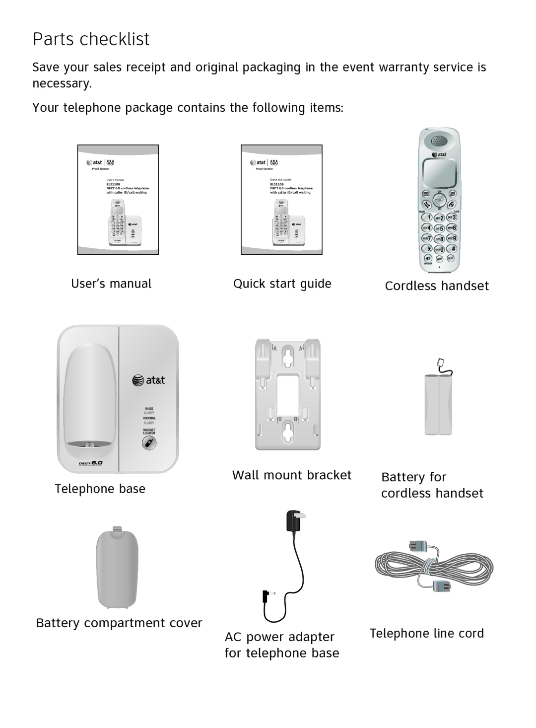 AT&T EL51109 user manual Parts checklist 