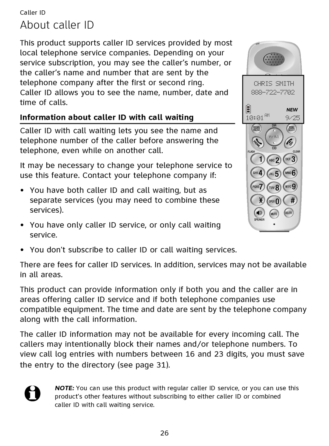 AT&T EL51109 user manual About caller ID, Information about caller ID with call waiting 