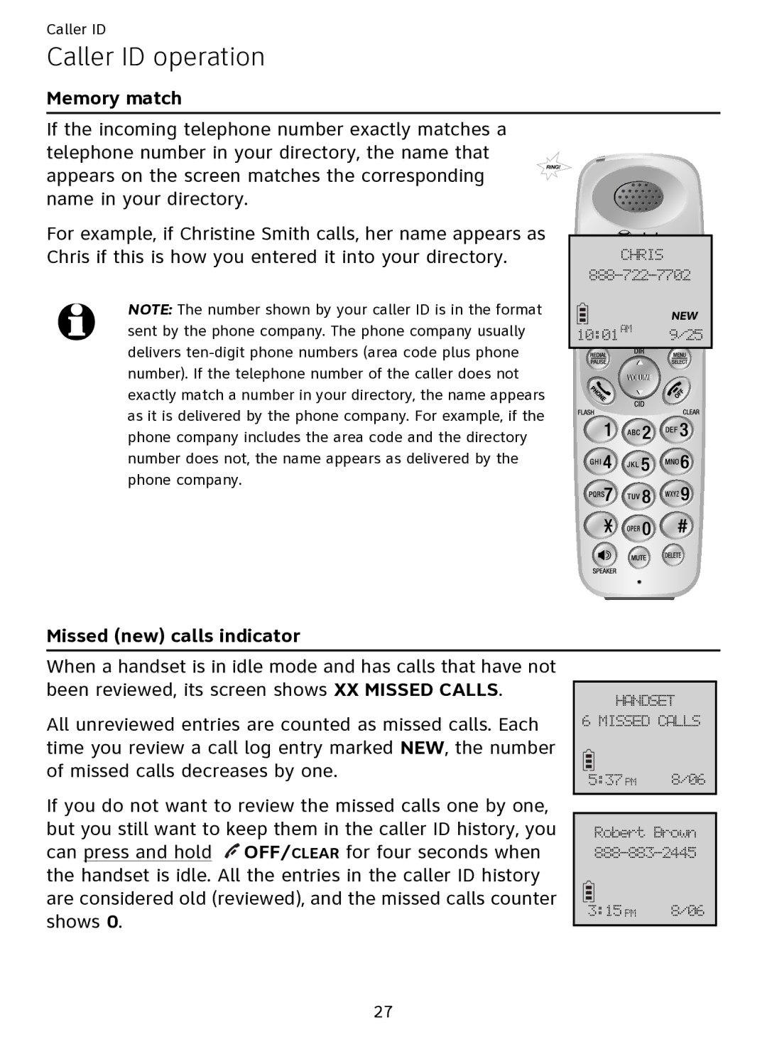 AT&T EL51109 user manual Caller ID operation, Memory match, Missed new calls indicator 