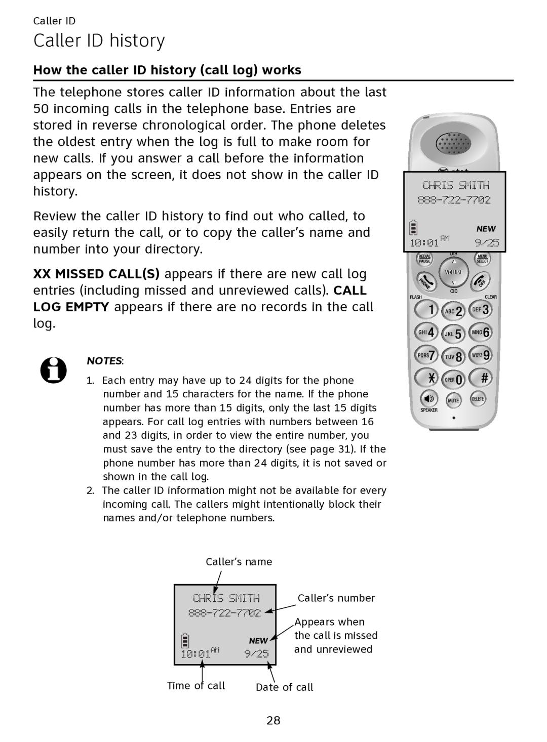 AT&T EL51109 user manual Caller ID history, How the caller ID history call log works 