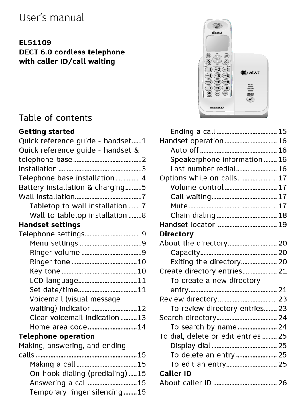 AT&T EL51109 user manual User’s manual, Table of contents 