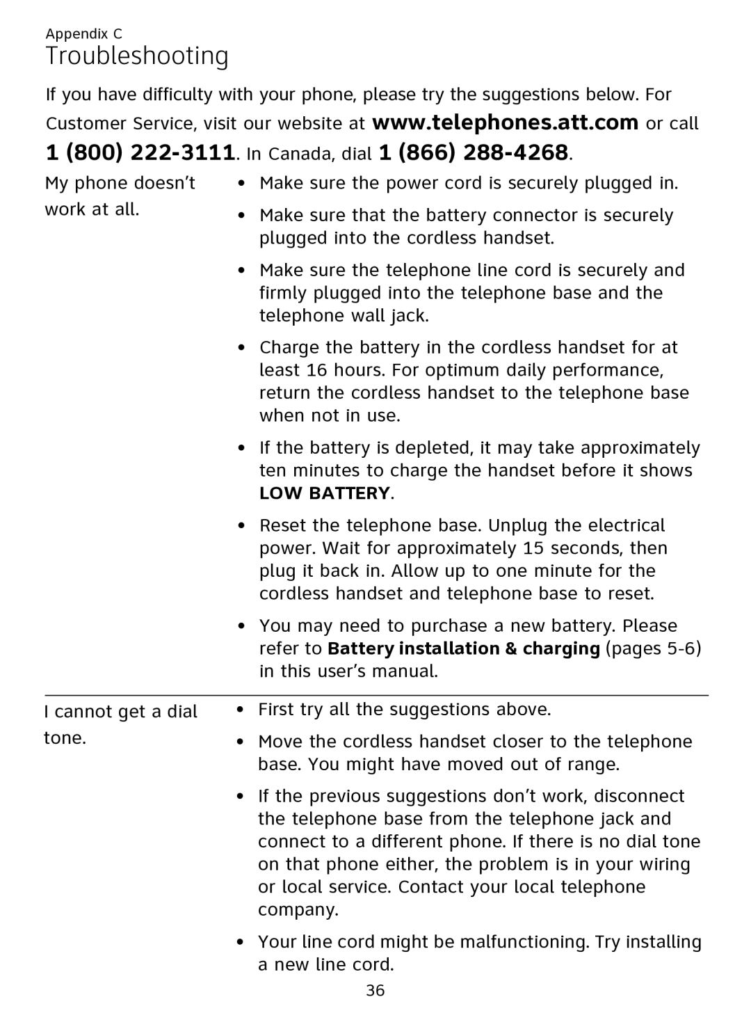 AT&T EL51109 user manual Troubleshooting, LOW Battery, Refer to Battery installation & charging pages 