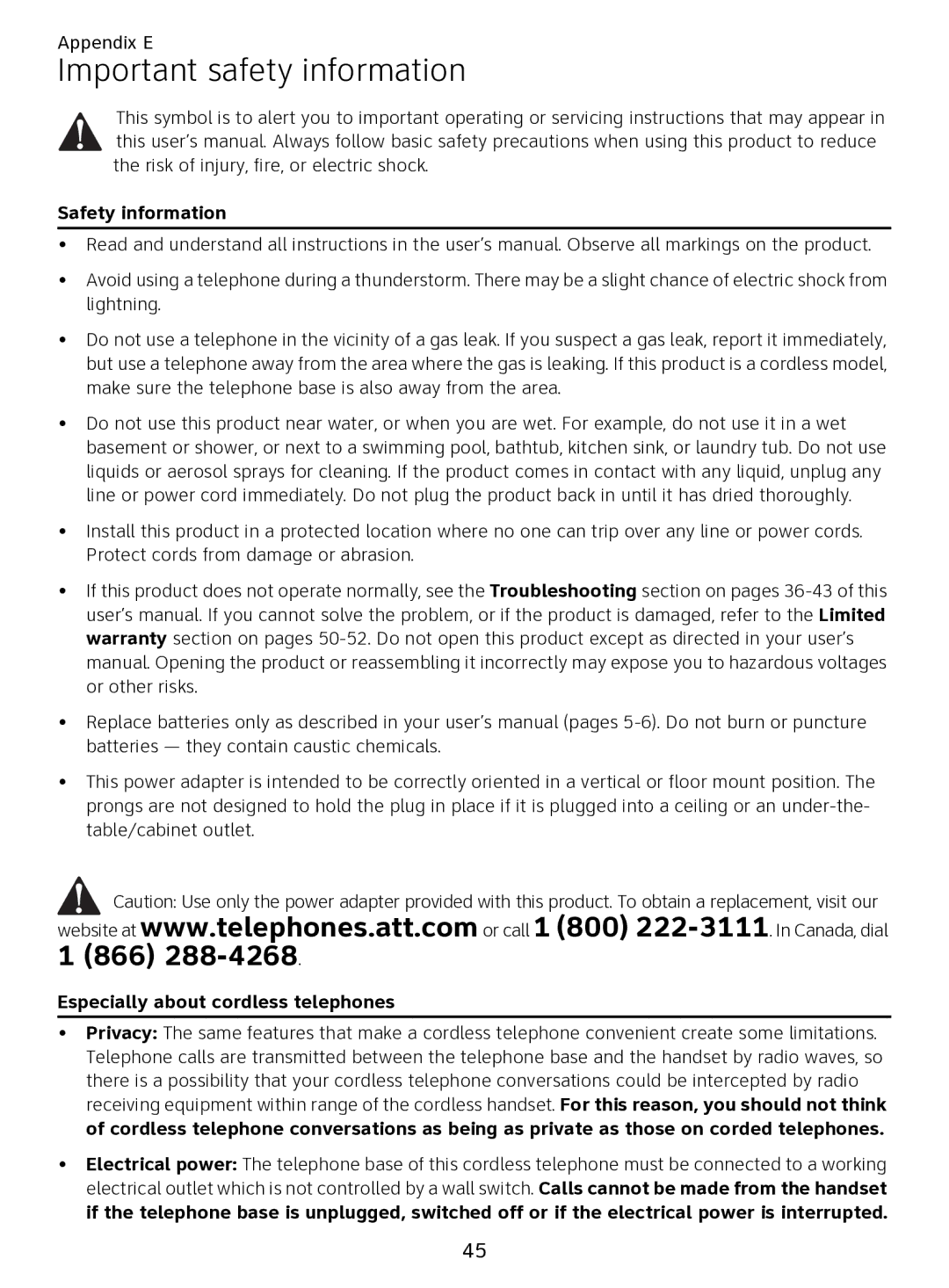 AT&T EL51109 user manual Important safety information, Safety information 