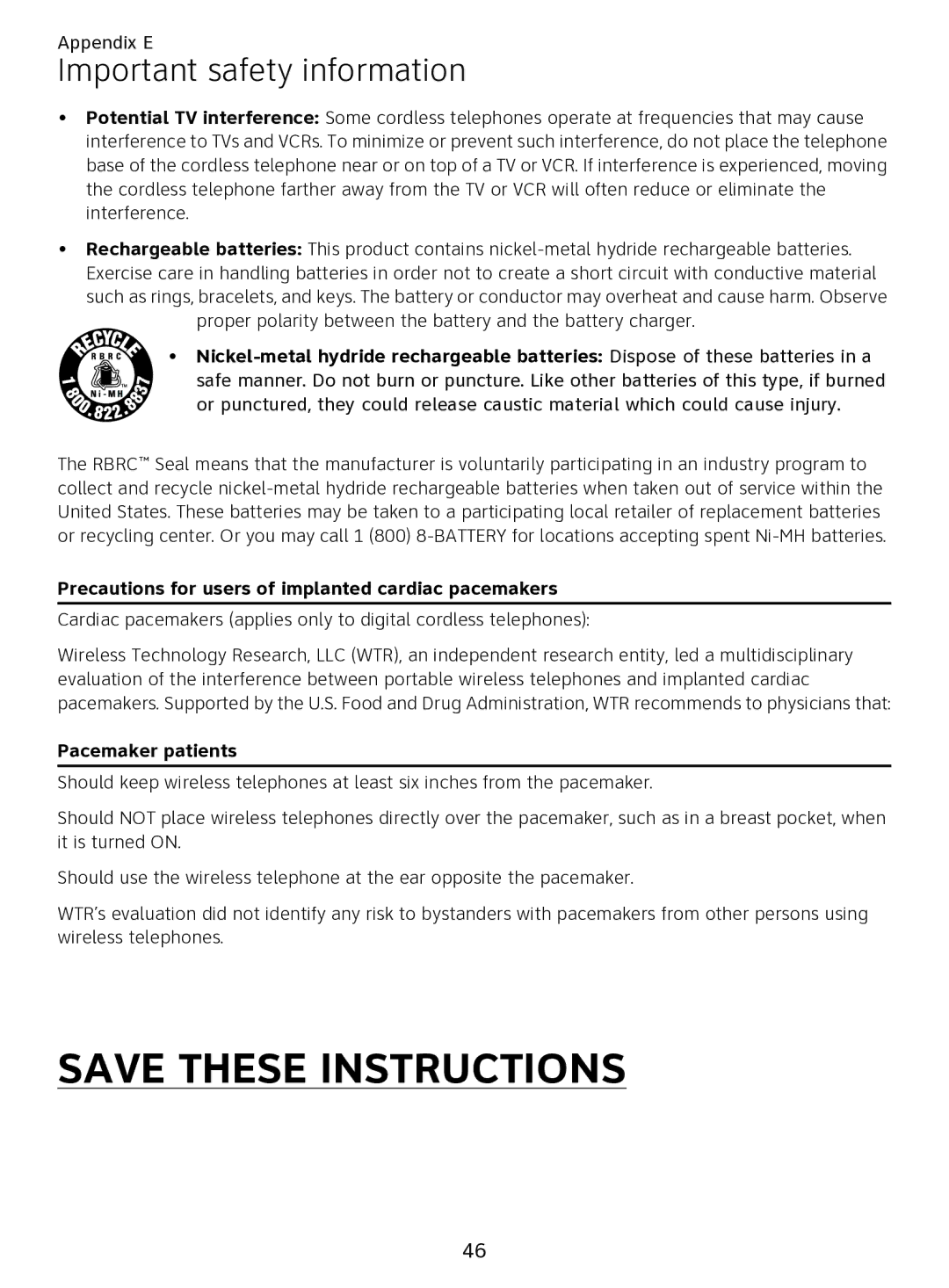 AT&T EL51109 user manual Precautions for users of implanted cardiac pacemakers 