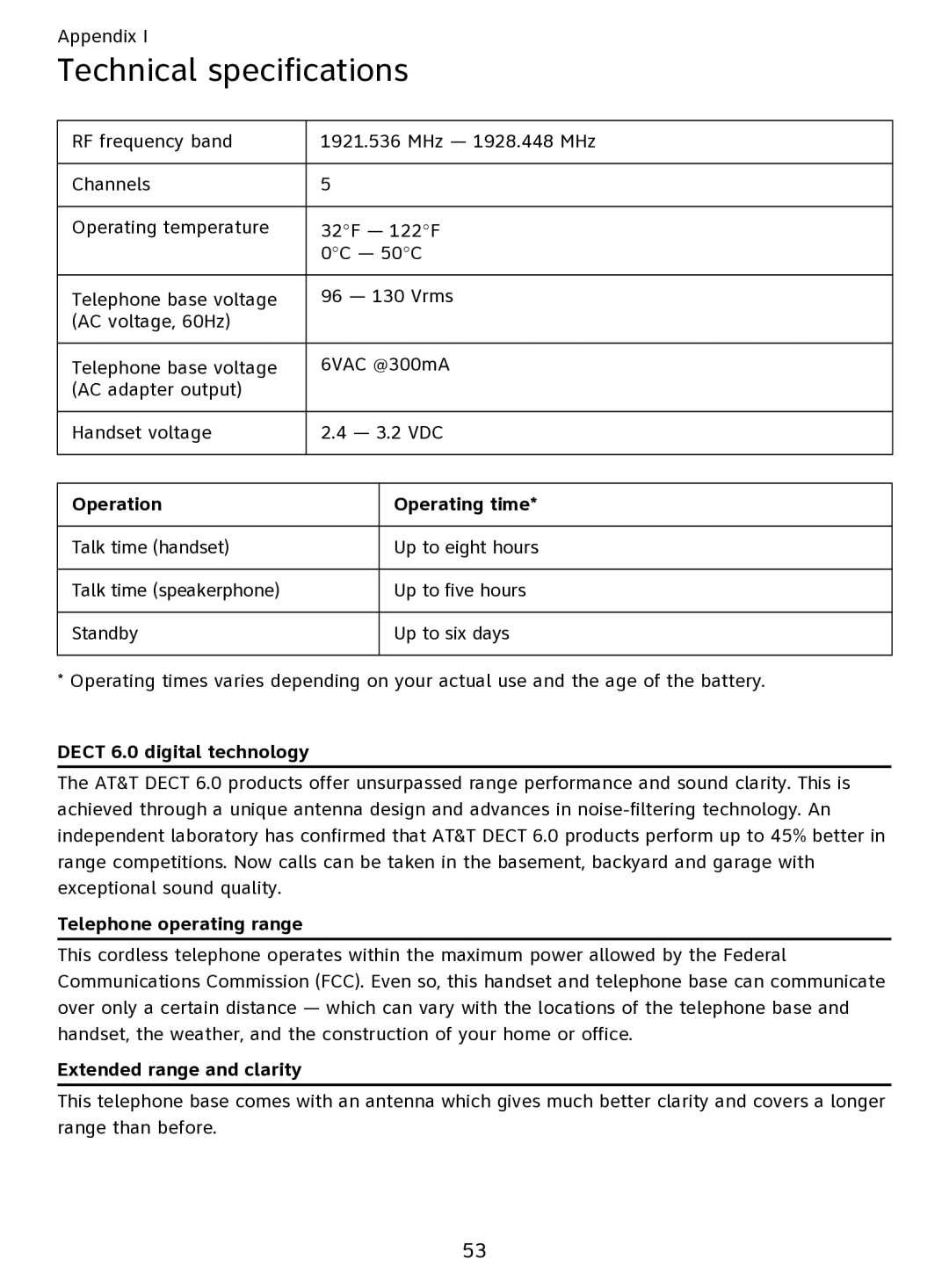 AT&T EL51109 user manual Technical specifications, Operation Operating time 