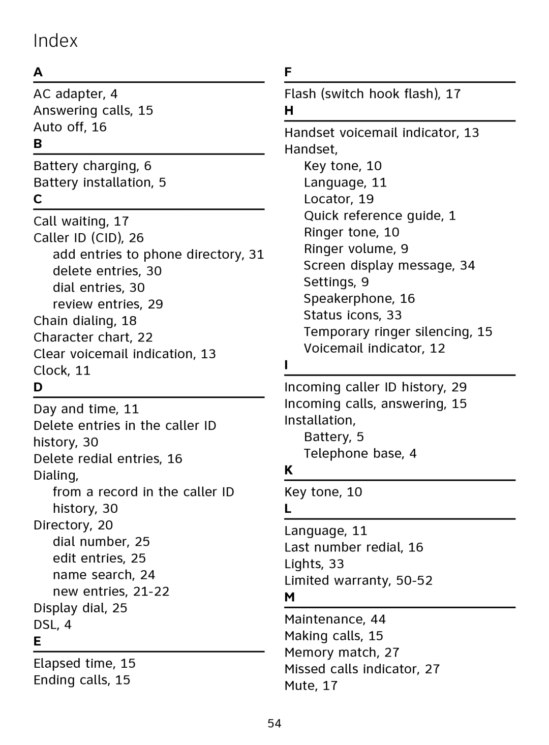 AT&T EL51109 user manual Index 