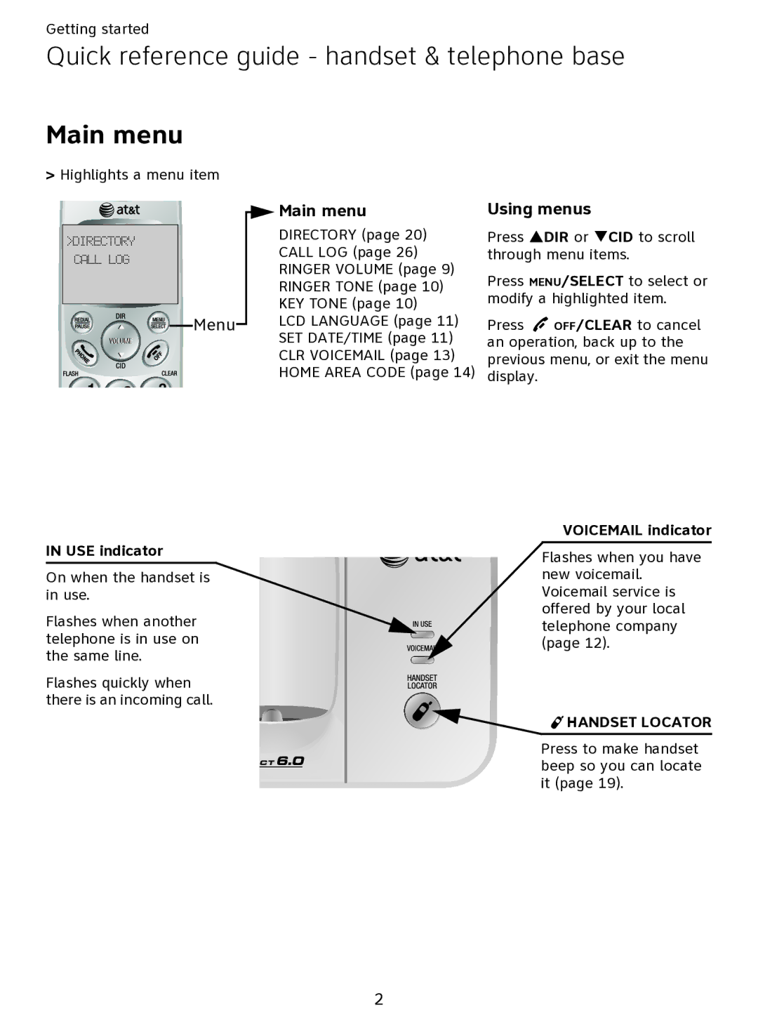 AT&T EL51109 user manual Quick reference guide handset & telephone base, Main menu 