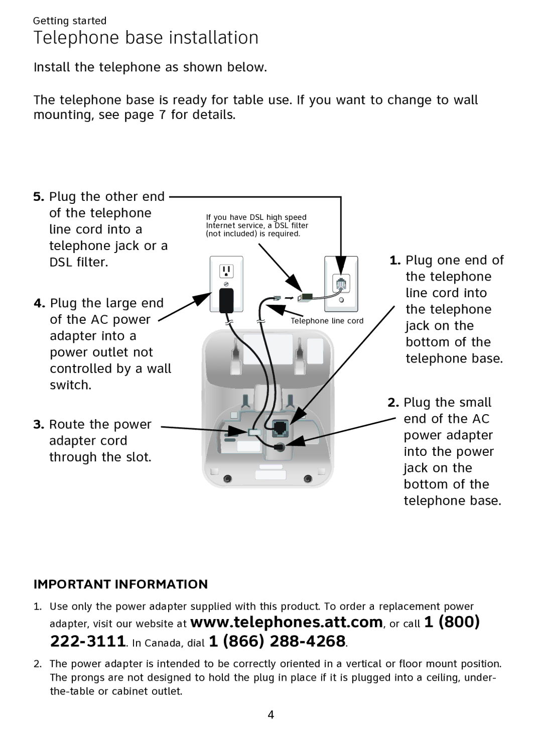 AT&T EL51109 user manual Telephone base installation, Important Information 