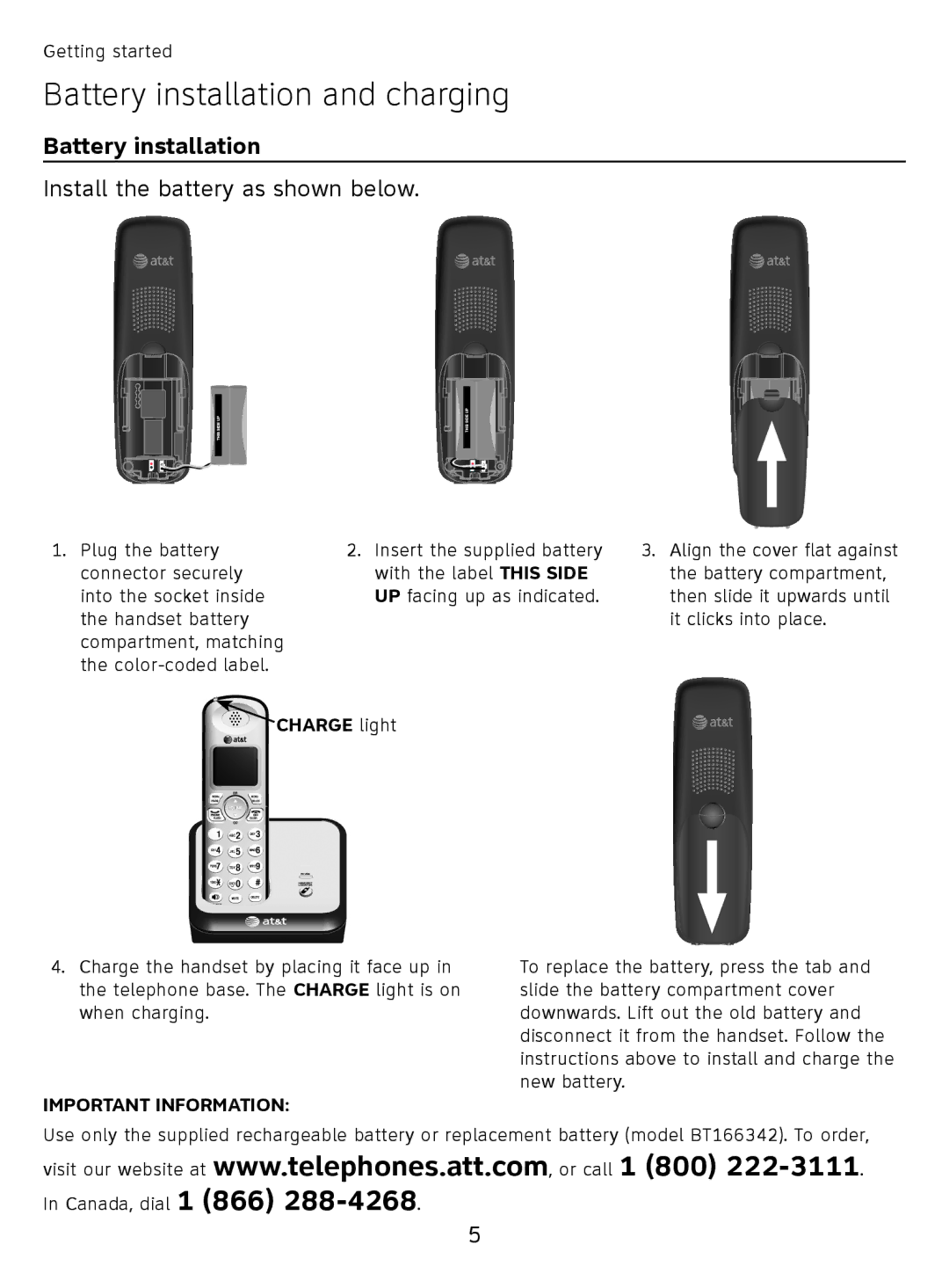 AT&T EL51110 user manual Battery installation and charging, Charge light 