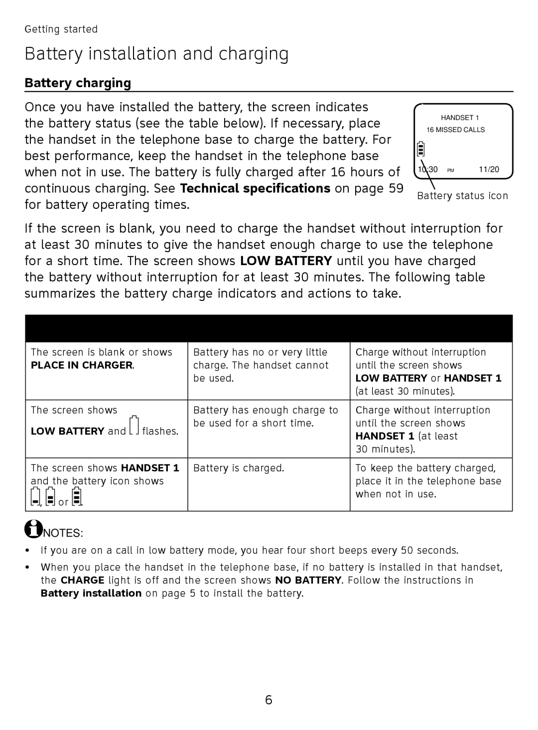 AT&T EL51110 user manual Battery charging, Place in Charger 