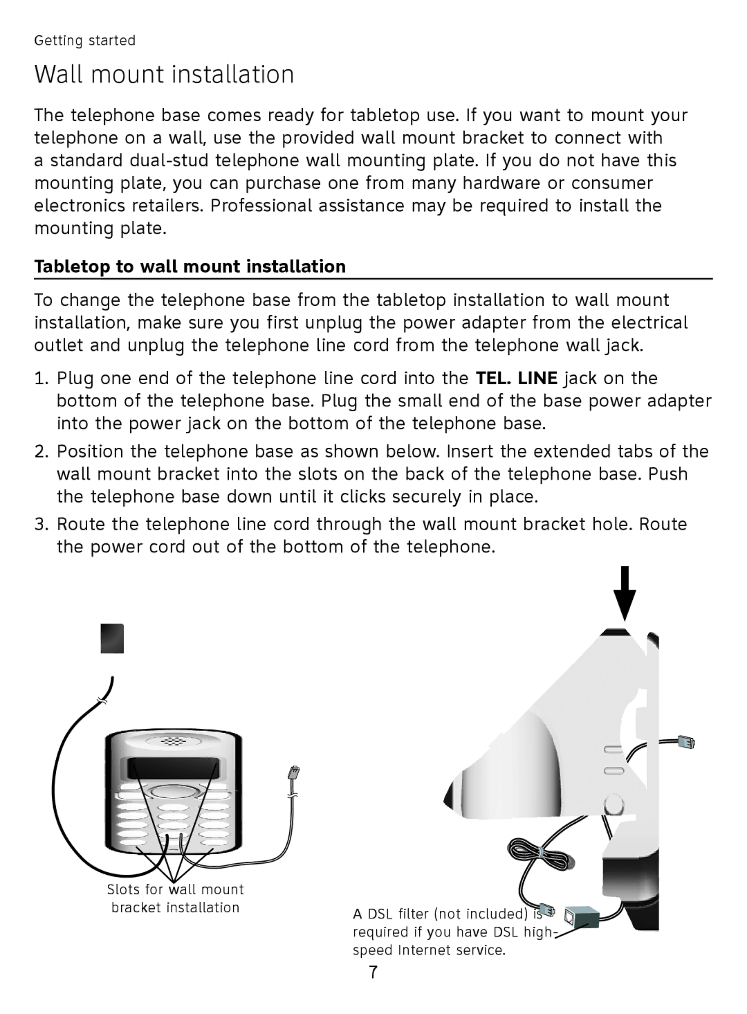 AT&T EL51110 user manual Wall mount installation, Tabletop to wall mount installation 