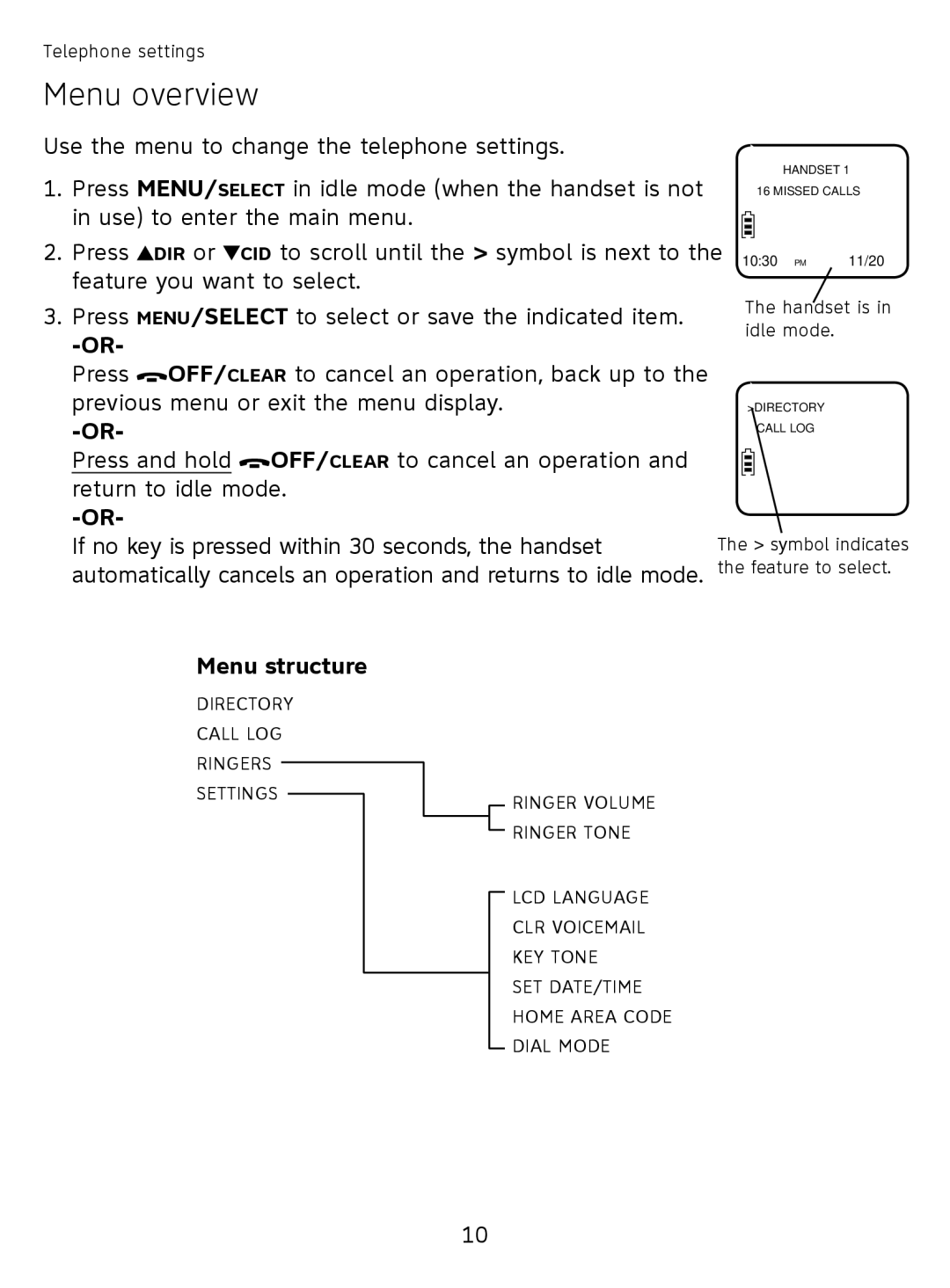 AT&T EL51110 user manual Menu overview, Menu structure 