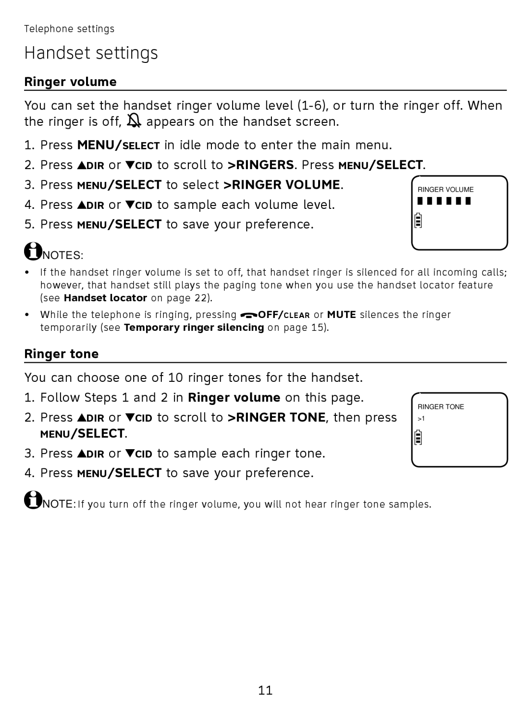 AT&T EL51110 user manual Handset settings, Ringer volume, Press MENU/SELECT to select Ringer Volume, Ringer tone 